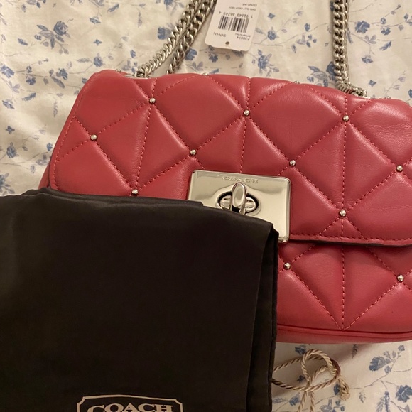 RARE Red Leather Coach Diamond Quilted Silver Studded Crossbody Handbag Purse - Picture 5 of 7